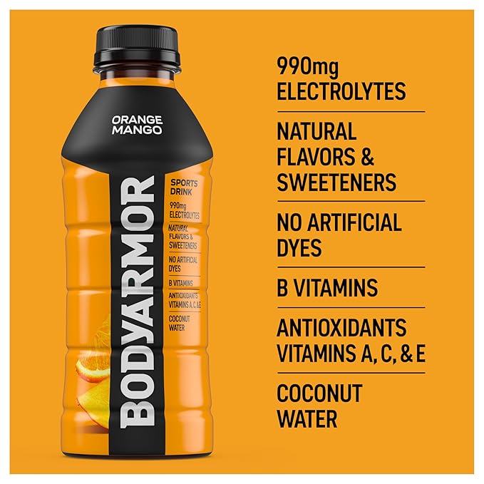 BODYARMOR Sports Drink Sports Beverage, Orange Mango, Coconut Water Hydration, Natural Flavors With Vitamins, Potassium-Packed Electrolytes, Perfect For Athletes, 20 Fl Oz (Pack of 6)