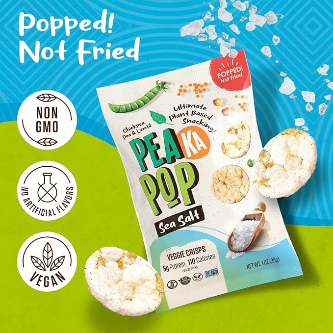 PeaKaPop Veggie Chips ??Plant-Based, Healthy Veggie Crisps with Pea, Lentil & Chickpea Protein ??Vegan, Gluten-Free, Popped Chips ??Snack Size for Kids & Adults ??1 oz Bags (15-Pack) ??Sea Salt