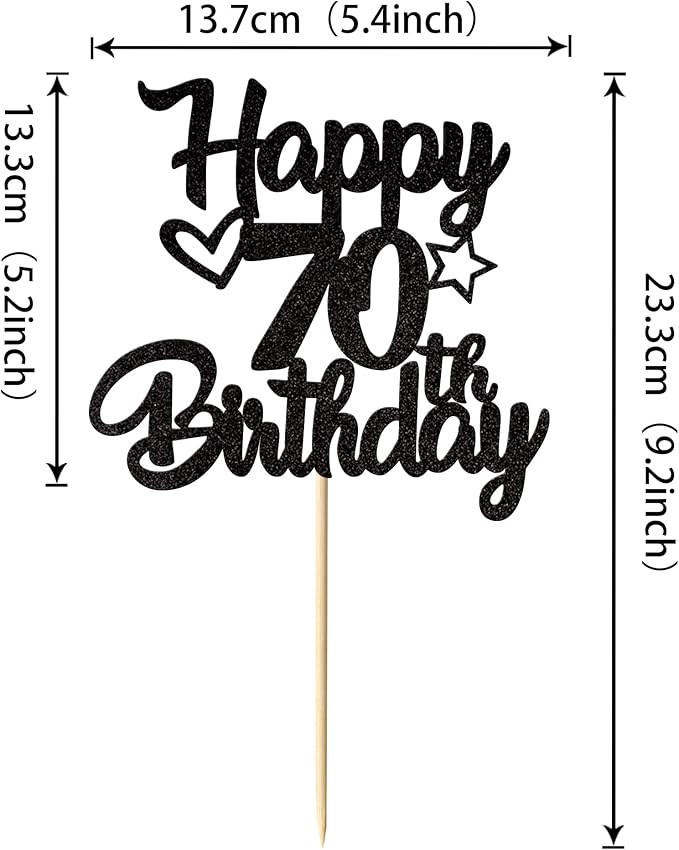 1 Pack Happy 70th Birthday Cake Topper Glitter Heart Star 70 Fabulous Cake Pick Birthday Sign Cake Decorations for Children 70th Birthday Theme Party Supplies Black
