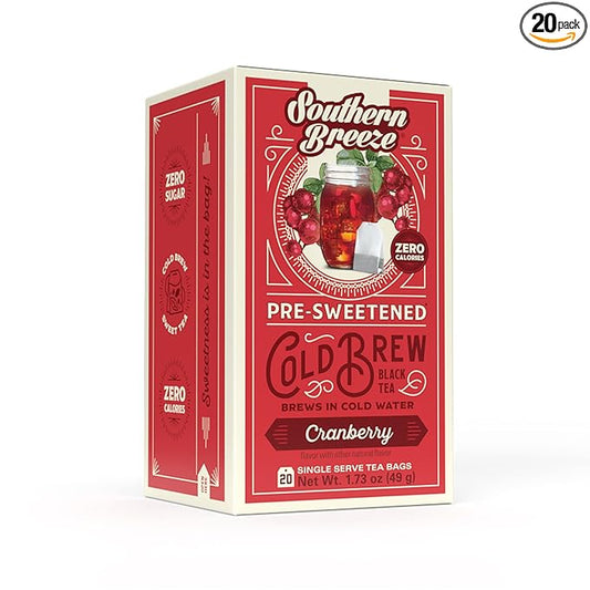Southern Breeze Cold Brew Sweet Tea Cranberry Iced Tea with Black Tea and Zero Carbs Zero Sugar, 20 Individually Wrapped Tea Bags