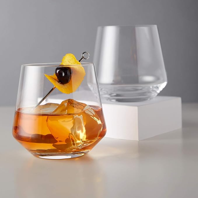 Viski Raye Angled Crystal Tumblers Set of 2 - Premium Crystal Clear Glass, Lowball Cocktail Glasses, Martini Glass Gift Set - 12 oz