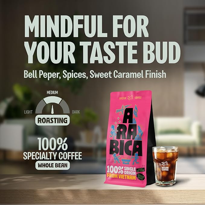 BAZAN COFFEE Vietnamese Specialty Arabica - Medium Roast, Organic Whole Bean Coffee with Rich Notes of Caramel & Warm Spice, Low Acidity, Fresh Roasted, 12 oz Bag