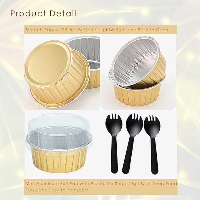 60 Pcs Mini Cake Pans with Lids,5oz Aluminum Foil Baking Cups Round Mini Disposable Ramekins 125ml Muffin Tin Ramekins Brownie Baking Cups, Dessert Cupcake Cups for Wedding Birthday Party(Gold)