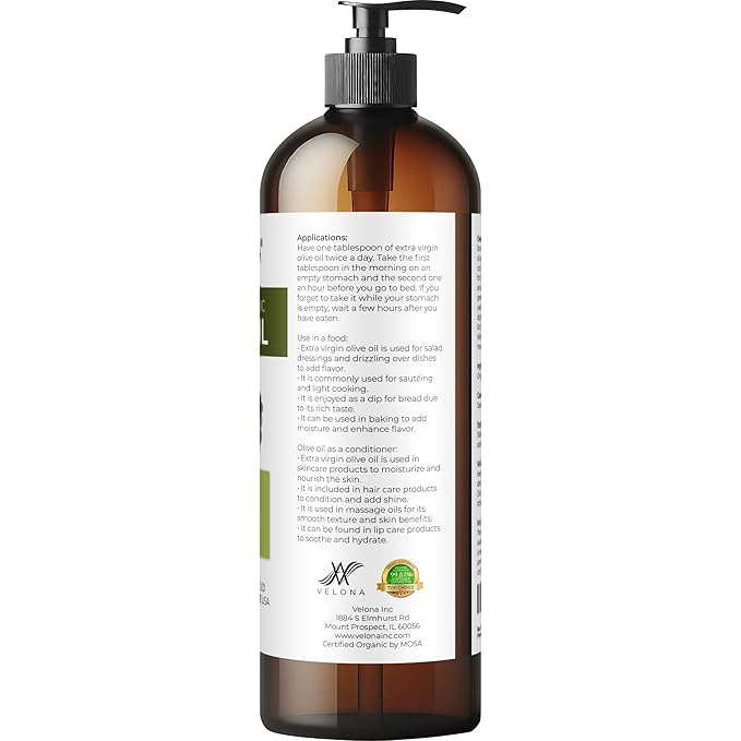 velona USDA Certified Organic Olive Oil - 16 Fl Oz | 100% Pure and Natural Carrier Oil | Extra Virgin, Unrefined, Cold Pressed | Cooking, Dressing, Face, Hair, Body & Skin Care | Use Today - Enjoy Results