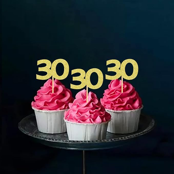 24PCS Gold Glitter 30th Birthday Cupcake Toppers Number 30 Birthday Celebrating Cake Decorations Supplies for Birthday Anniversary Party