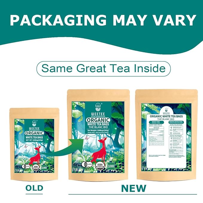 WT WEETEE Organic White Tea Bags, Organic Pure White Tea 100 Count, Mellow & Smooth, Perfect for Hot or Iced Tea