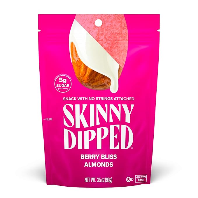 SkinnyDipped Berry Bliss Yogurt Covered Almonds, Healthy Snack, Plant Protein, Gluten Free, 3.5oz Resealable Bag, Pack of 5