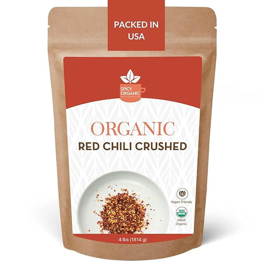 SPICY ORGANIC Crushed Red Pepper Flakes 4 lbs - Robust Chili Peppers Seasoning Spice - USDA Organic, Kosher, Non-GMO- Perfect for Pizza, Pastas, Salads, Sauces, Stews, Marinades and Pickled Vegetables