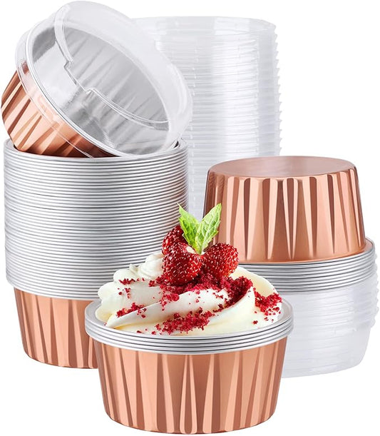 EUSOAR Disposable Foil Ramekins with Lids, 60pcs 5oz Cupcake Liners Aluminum Foil Baking Dessert Cups, Mini Muffin Creme Brulee Ramekins Cheesecake Pan for Catering Wedding Party Favor-Rose Gold