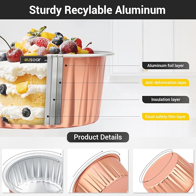 EUSOAR Rose Gold Cupcake Liners, 120pcs 5oz Disposable Aluminum Foil Baking Cups with Lids, Mini Foil Cupcake Liners Ramekins Cups with Lids for Oven Dessert Cups Aluminum Cheesecake Pan Creme Brulee