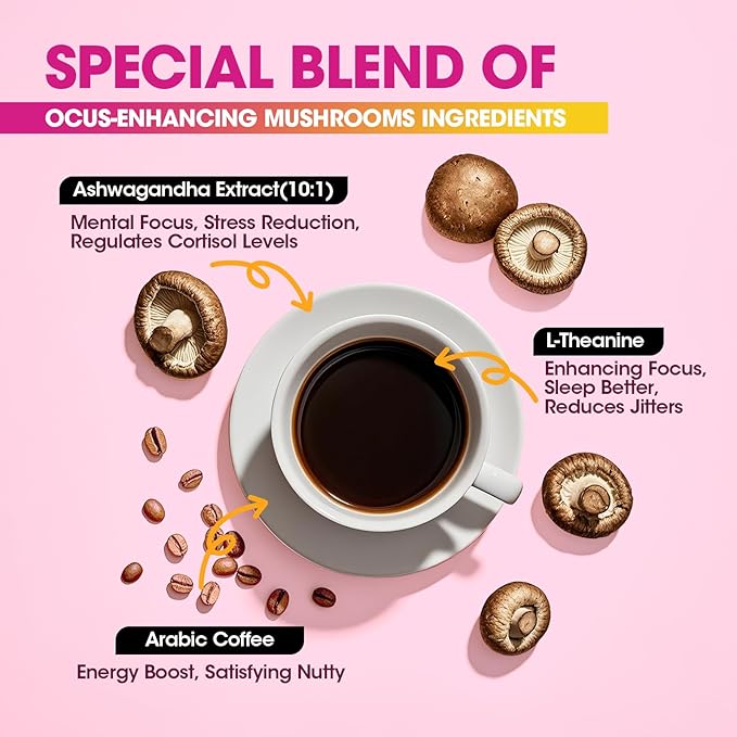 B BEWORTHS Mushroom Coffee, Slim Mushrooms Coffee Powder with Ashwagandha, Prebiotics, L-theanine, Lion's Mane, Reishi, Chaga, Turkey Tail, Mixed Arabica Instant Coffe for Focus, Immune & Gut Health