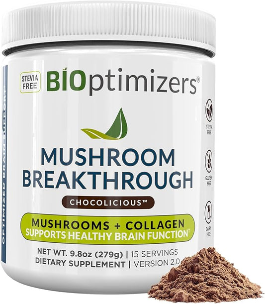 BIOptimizers Mushroom Coffee Alternative ??Chocolate Drink ??Lion?™s Mane, Chaga, Reishi + Collagen Peptides for Focus, Energy & Gut Health ??Adaptogenic Mushrooms & MCT Powder ??15 Servings