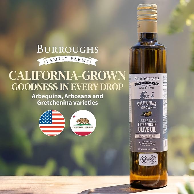 Burroughs Family Farms Premium Organic Extra Virgin Olive Oil ??Cold-Pressed California EVOO, Polyphenol Rich Family Blend ??Regenerative Organic & USDA Certified, Non-GMO, Gluten-Free ??500ml (16.9 fl oz) Glass Bottle