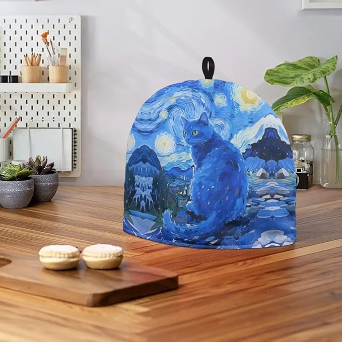 Tea Cozy Starry Night Blue Cat Print Creative Insulated Tea Cosy Extra Thick Home Kitchen Decoration Creative Gifts Dust Teapot Cover Kitchen Accessories for Travel
