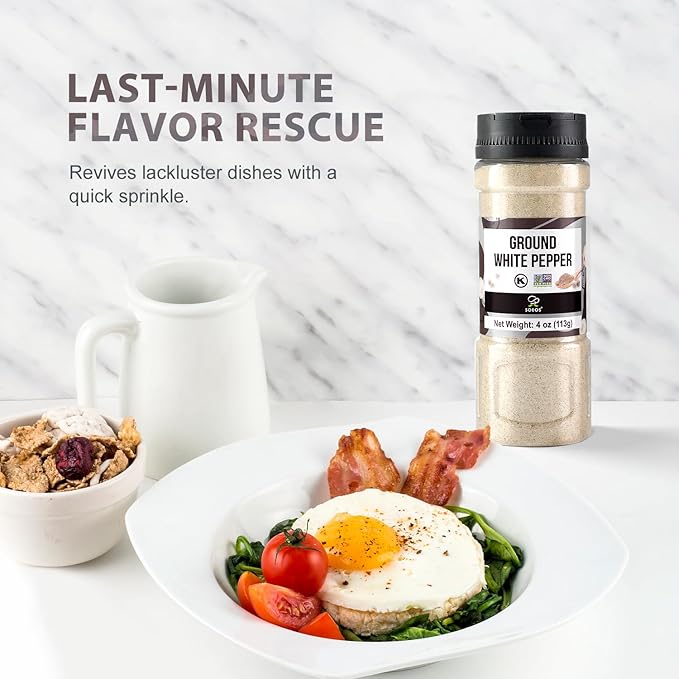 Soeos Ground White Pepper, 4 oz, Non-GMO, Kosher Certified, Fresh, Aromatic and All-Natural, White Peppercorns Powder, Perfect for Barbecue, Stir-Fry, Soup