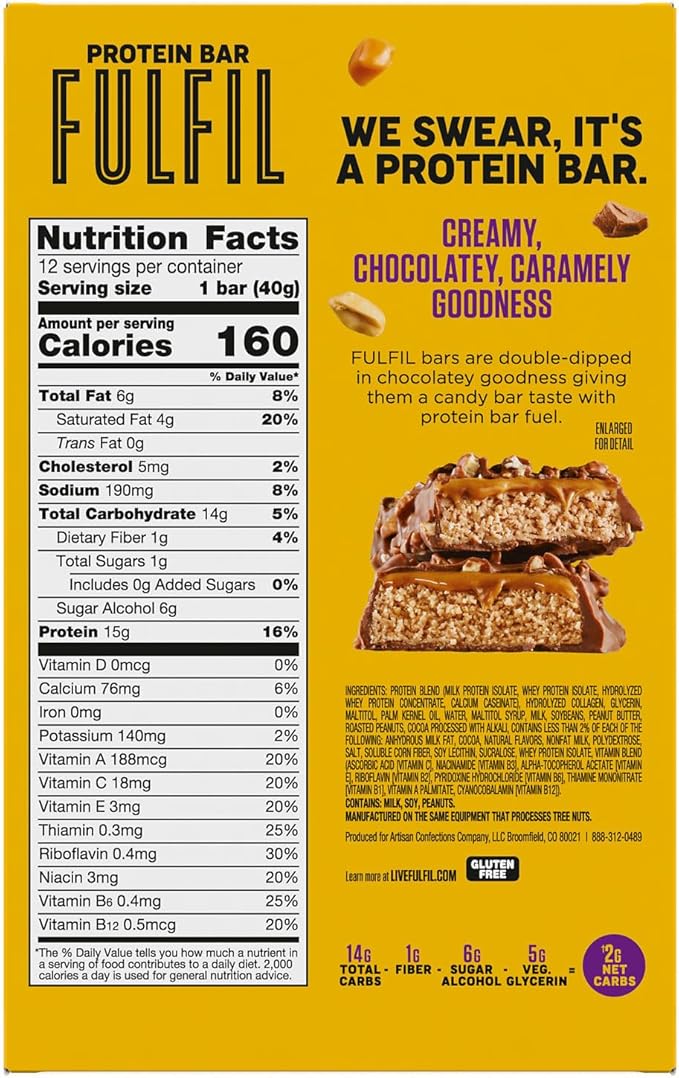 FULFIL Protein Snack Bars, Chocolate Peanut Caramel Flavored, Gluten Free with 15g Protein, Pantry Staples, 12 Count