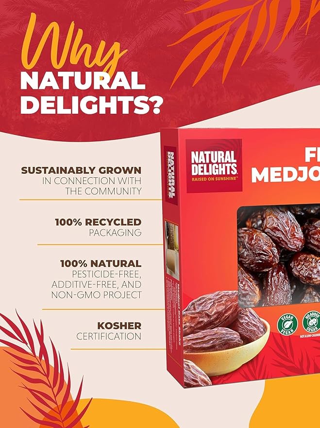 Natural Delights Medjool Dates Whole - Non-GMO Verified Fruit, Good Source of Fiber & Potassium, Naturally Sweet, Snack for On-the-Go, Large & Plump Dates - Bulk 11 lb Box (Pack of 2)