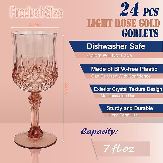 24 PCS Rose Gold Plastic Wine Glasses,Reusable Plastic Wine Glasses,Rose Gold Goblet Glass,Durable and Sturdy Cups Can Be Used for Various Parties Such as Weddings!