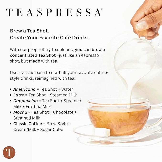 Tea Latte Sampler Kit by Teaspressa – Tasting Set with 4 Signature Organic Tea Blends & 4 Luxe Sugar Cubes – Black, Green, Rooibos Teas – Rose, Vanilla, London Fog – Gift Set