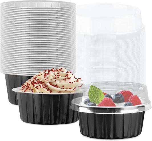 Lainrrew 50 Pack Baking Cups with Lids, Aluminum Foil Cupcake Cups Muffin Liners, Disposable Foil Ramekins, Cupcake Holders Dessert Containers Mini Pudding Cups (Black)