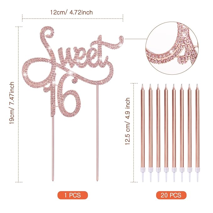 Tondiamo Sweet 16 Birthday Decorations Rhinestone Sweet 16 Cake Toppers 20 Pcs Metallic Happy Birthday Candles 16 Cake Decorations for Cupcake Decor(Pink)