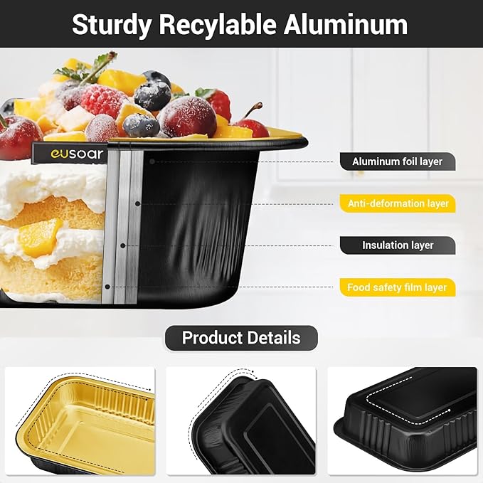 EUSOAR Mini Loaf Baking Pans with Lids, Black Gold Square 20oz 50pcs Aluminum Foil Disposable Bread Pan Ramekins with Lids, Muffin Liners Cupcake Baking Cups, Creme Brulee Cups Pans Containers
