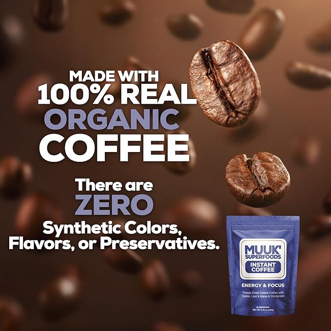 MUUK' SUPERFOODS | Energy & Focus Mushroom Coffee | Organic Freeze-Dried Instant Coffee with Cacao, Cordyceps & Lion’s Mane Mushroom Powder | 4.7oz (135g) 30 Servings