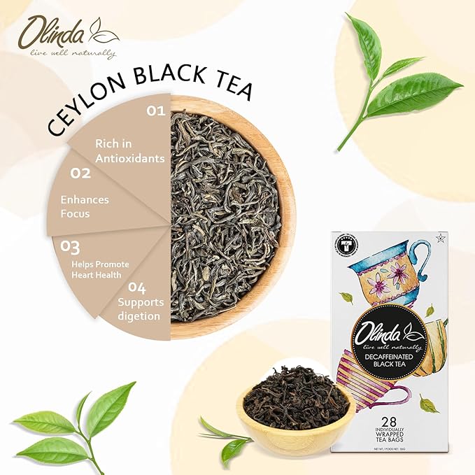 Olinda Decaffeinated Black Tea Premium Organic Sugar Free Decaf Flavored 28 Individually Wrapped Tea Bags Enjoy Hot or Iced Smooth Relaxing & Antioxidant Rich Evening Tea