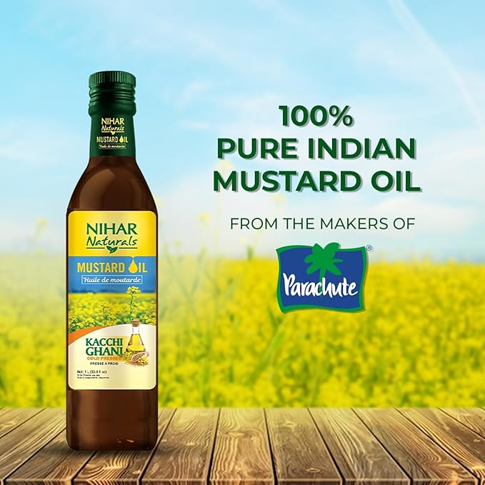 Nihar Naturals Kacchi Ghani Mustard Oil| Cold Pressed| 100% Pure Mustard Oil| For Skin, Hair Care & Body Massage| Enriched with Omega 3 & Natural Anti-Oxidants| 33.8 Fl.oz.