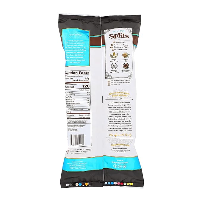 Unique Snacks Extra Salt Splits Pretzels, Original Split-Open Pretzels, Delicious Homestyle Baked Snack Bag, OU Kosher, and Non-GMO Food, No Artificial Flavor, 11 Oz. Bag, Pack of 3