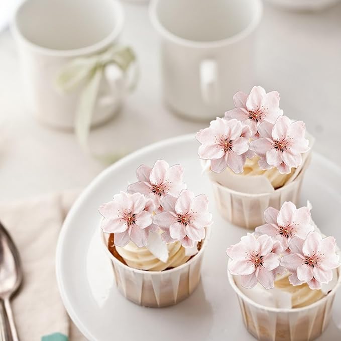 40 Pack Edible Cherry Blossom Cupcake Toppers - Cherry Flowers Cake Toppers Rice Paper Wafer Paper Cake Picks for Bridal Shower Baby Shower Kids Birthday Cake Decorations - Light Pink