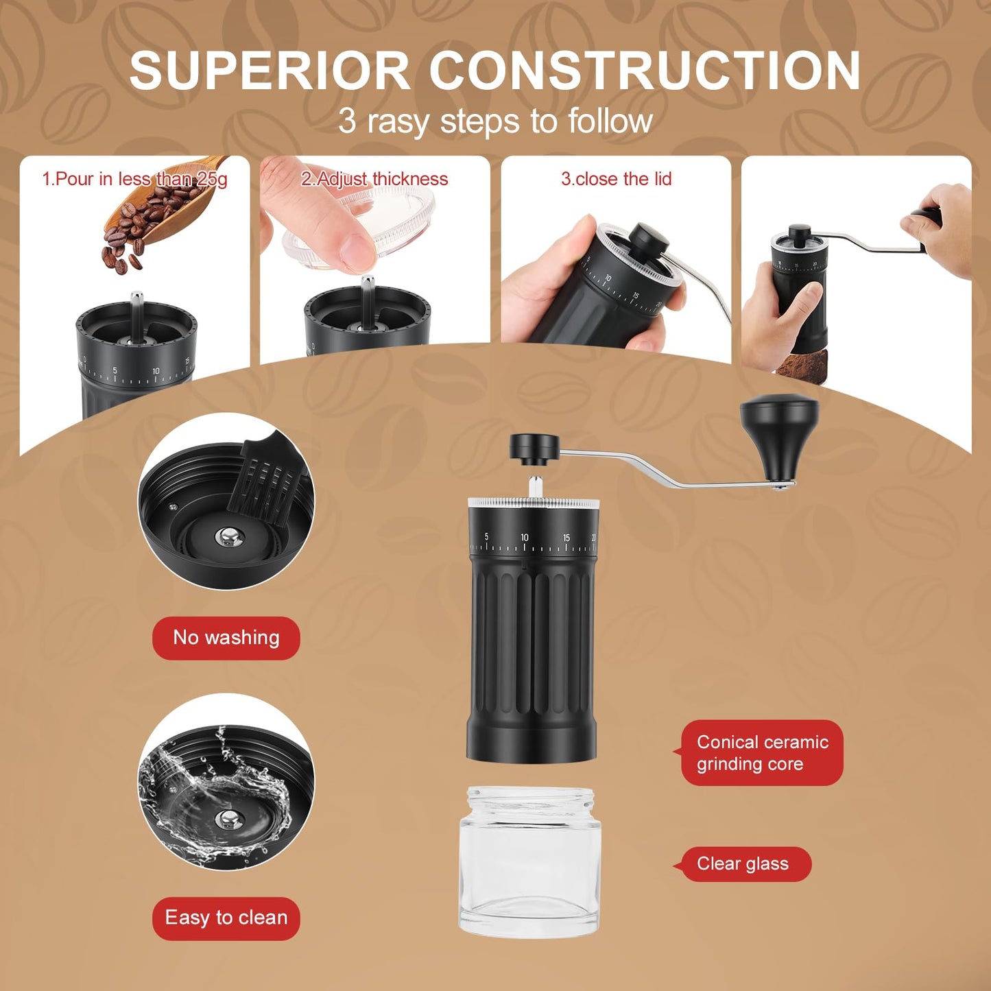 HZBSGZR Manual Coffee Grinder with Conical Burr, 40 Adjustable Settings, 30g Capacity, Portable for