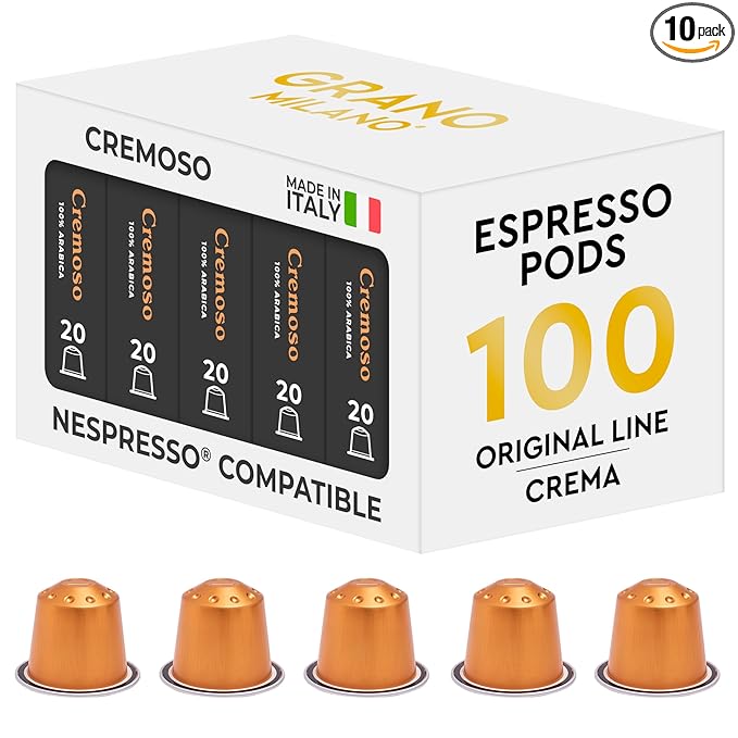 Grano Milano Cremoso Coffee Capsules - 100 Aluminum Coffee Pods Compatible with Nespresso Original line,100% Arabica Medium Roast - Intensity 8/12, Made in Italy