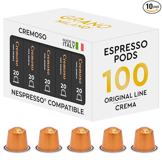 Grano Milano Cremoso Coffee Capsules - 100 Aluminum Coffee Pods Compatible with Nespresso Original line,100% Arabica Medium Roast - Intensity 8/12, Made in Italy