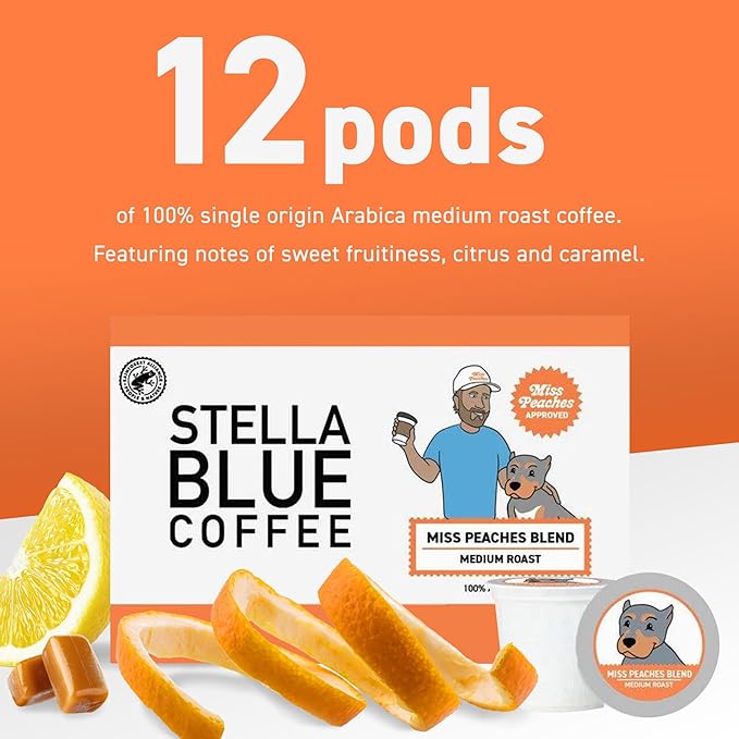 Stella Blue K-Cups Coffee Pods, Miss Peaches Blend, Medium Roast, Citrus, Caramel and Fruity Notes, 100% Arabica, Ethically Sourced from Central & South America, 12 Single Serve Recyclable Pods