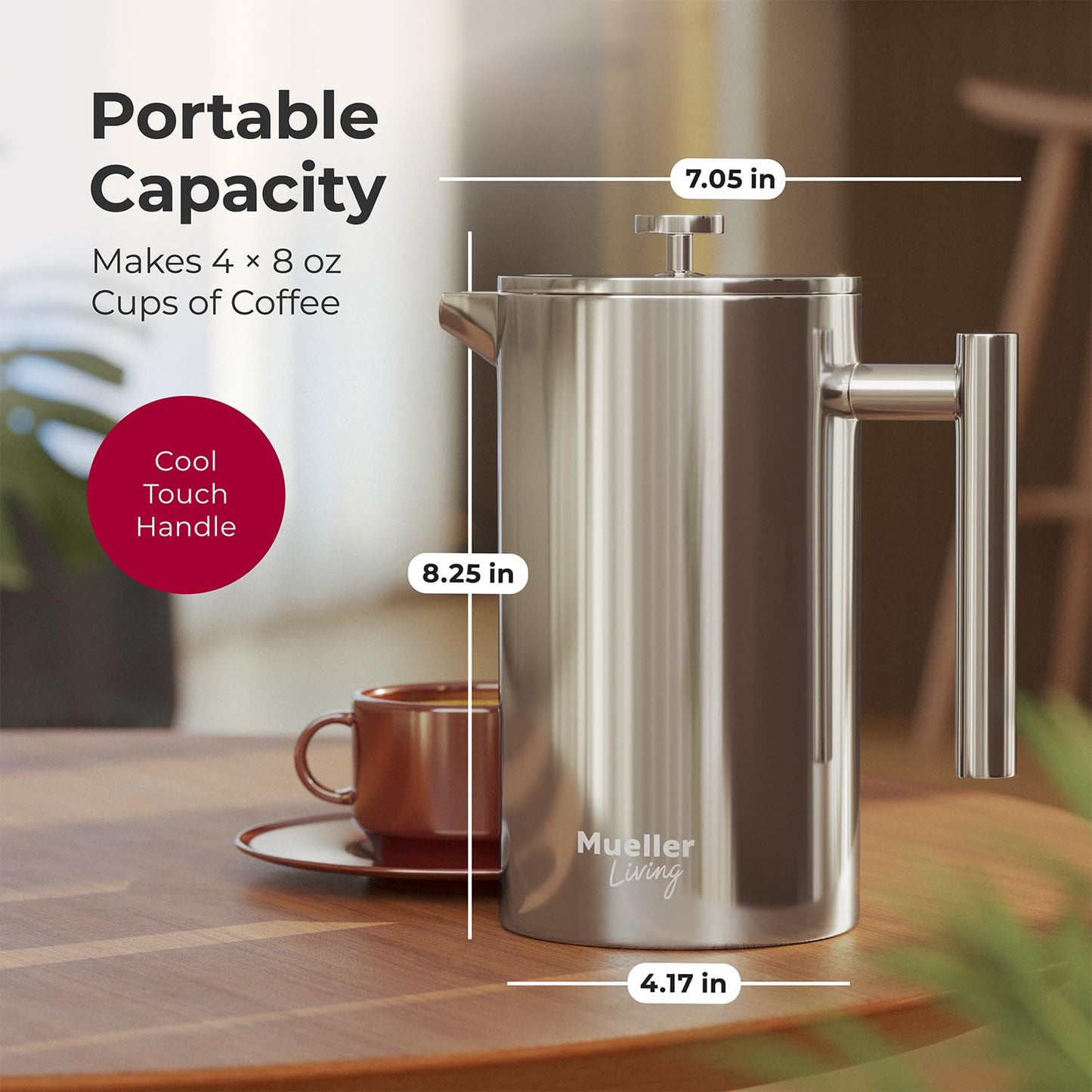 MuellerLiving French Press Coffee Maker 34oz, Stainless Steel French Press Coffee, 4 Filter Heat