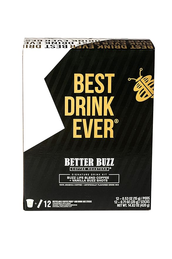 Better Buzz Best Drink Ever Vanilla Latte Single Serve Kit 24ct.,12 Medium Roast Coffee Pods (Buzz Life) & 12 (Vanilla Buzz) Coffee Creamer Powder Stick Packs, K-Cup Compatible