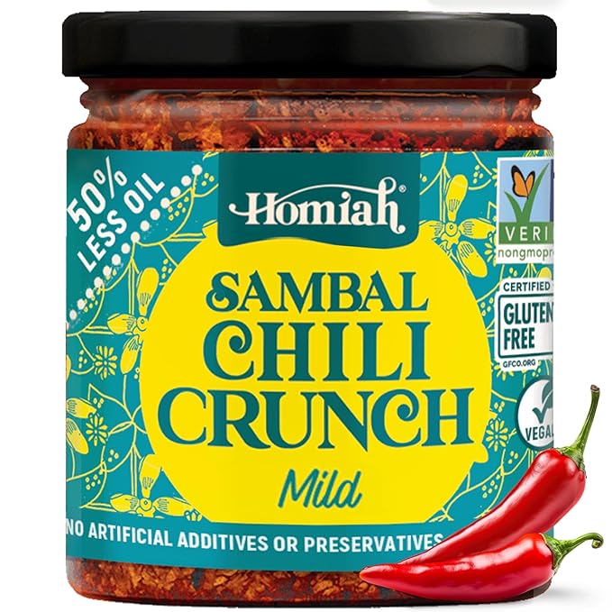 Homiah Sambal Chili Crunch, 6oz - Less Oil Low Sodium Gluten Free Vegan, Sambal Oelek Chili Paste, Crispy Chili Crunch Topping with Seaweed - Mild