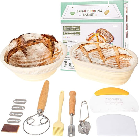 Banneton Bread Proofing Basket - 9.5 Inch Round & 10.4 Inch Oval Foldable Proofing Baskets Set of 2 with Liners for Professional & Home Artisan and Starter Kit with Bread Making Tools, Yellow