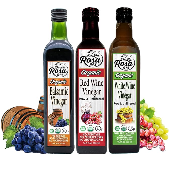 De La Rosa Organic White Wine, Red Wine & Balsamic Vinegar, Vegan, Kosher, Non-GMO & Gluten Free, Great for Salad Dressing, Marinades & More 16.9 Oz (Pack of 3)