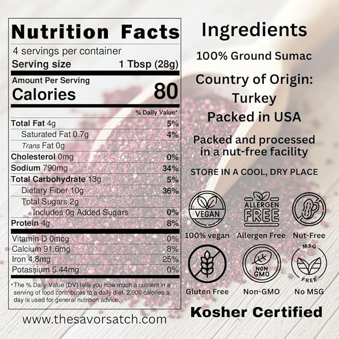SavorSatch Ground Sumac ??4oz Resealable Pouch | Certified Kosher, GMO Free, Allergen-Free | Tangy, Deep Red Spice for Middle Eastern Cooking, Salads, and Meats | Product of Turkey