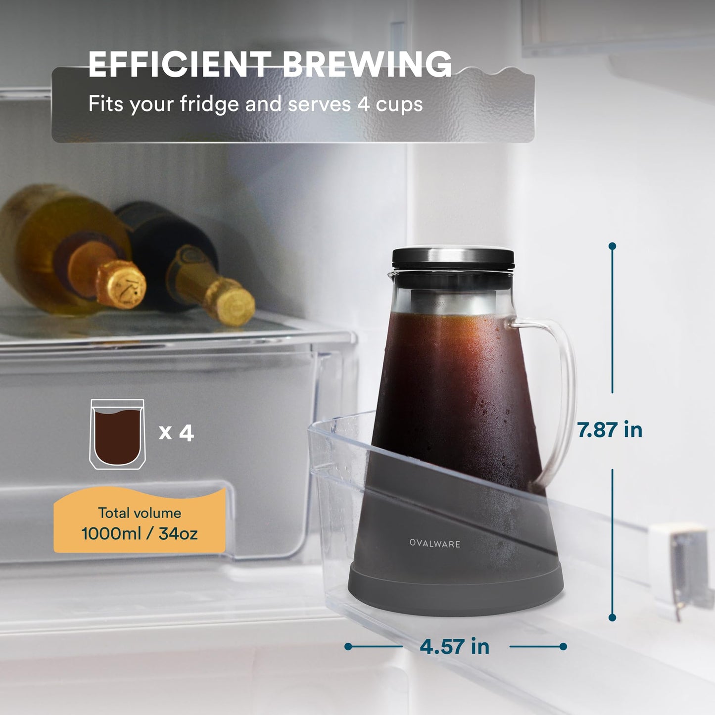 OVALWARE Airtight Cold Brew Iced Coffee Maker Pitcher and Tea Infuser with Spout - 1.0L / 34oz