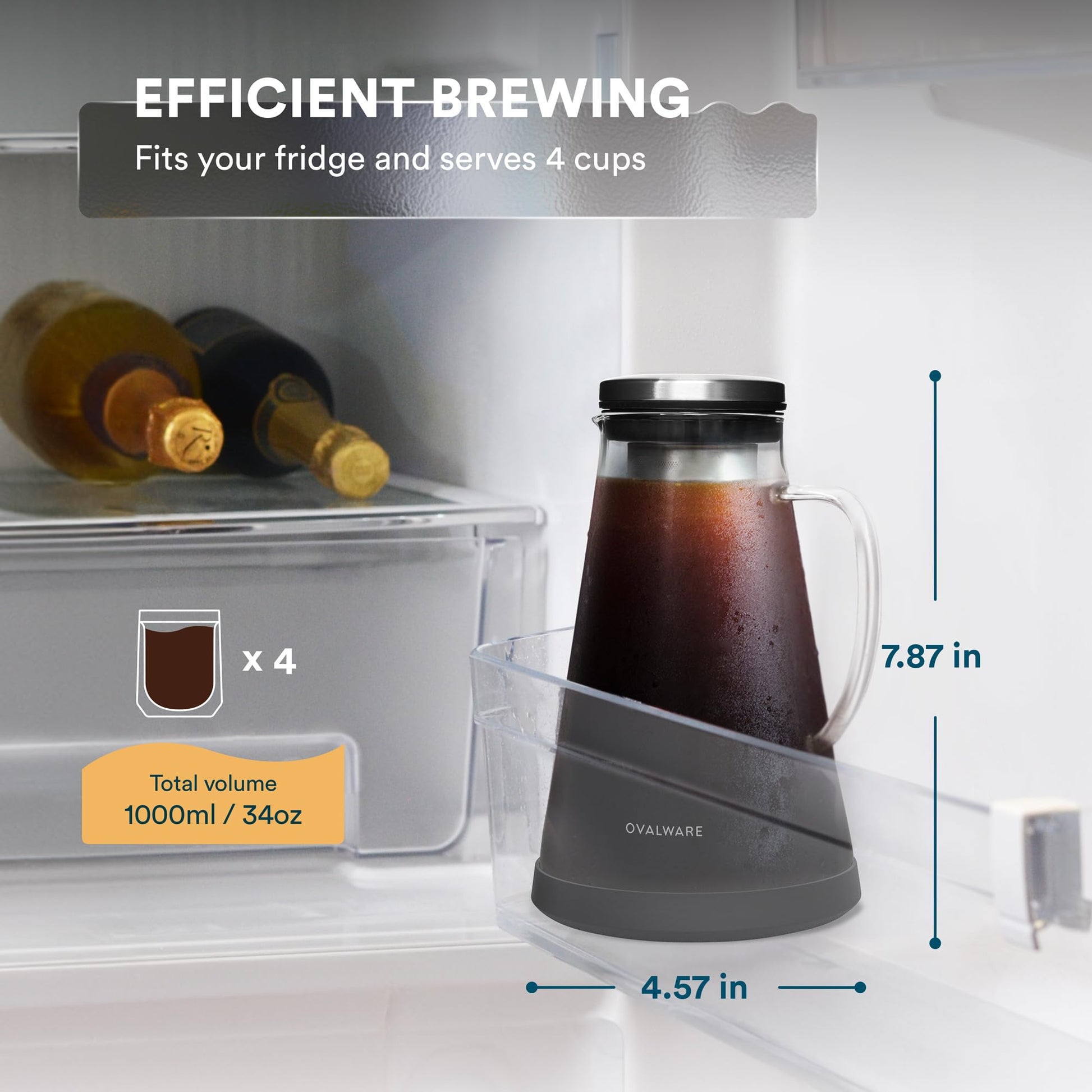OVALWARE Airtight Cold Brew Iced Coffee Maker Pitcher and Tea Infuser with Spout - 1.0L / 34oz