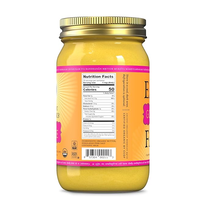 Ancient Organics Salted Ghee, Organic Grass Fed Gluten Free Clarified Salted Ghee Butter with Vitamins & Omegas, Lactose Reduced, 100% Certified Organic, Kosher, Made in USA, 16 Fl Oz