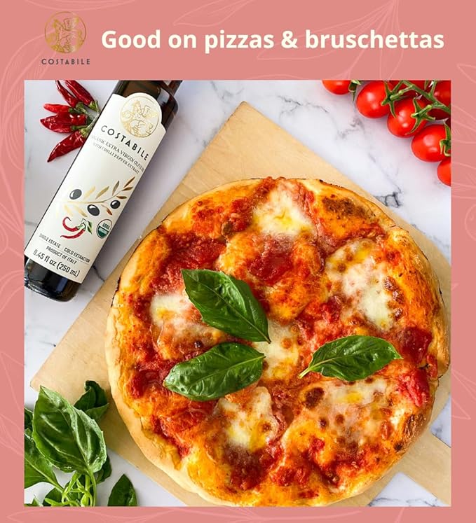 Chilli oil. Spicy Extra Virgin Olive Oil from Puglia, Italy, Infused with Organic Hot Red Peppers. Perfect as Spicy Vegan Chili Dressing - COSTABILE 16.9 Fl. Oz.