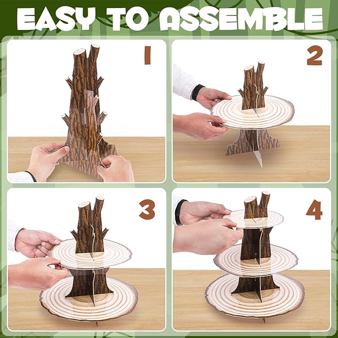 2 Pack Woodland Cupcake Stand Woodland Baby Shower Decorations 3 Tier Wood Cupcake Stand Western Party Decor for Boy Girl Camping Safari Baby Shower Birthday Forest Party Supplies