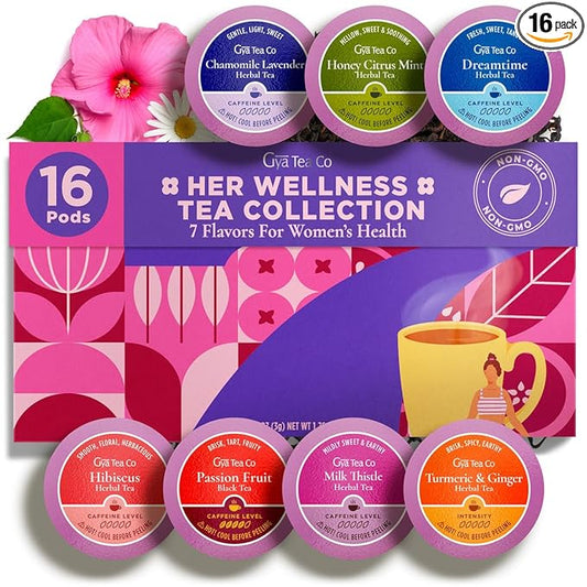 Gya Tea Co Her Wellness Tea Pod Collection Tea Gift Set (16 ct) - 7 Flavors Assorted Variety Pack with Hibiscus, Chamomile Lavender & Ginger