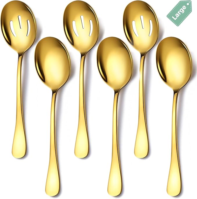 Stainless Steel Serving Spoons Set, 6pc, 10-Inch, Includes 3 Large, 3 Slotted, for Parties/Kitchen/Buffet/Catering, Dishwasher Safe, Gold
