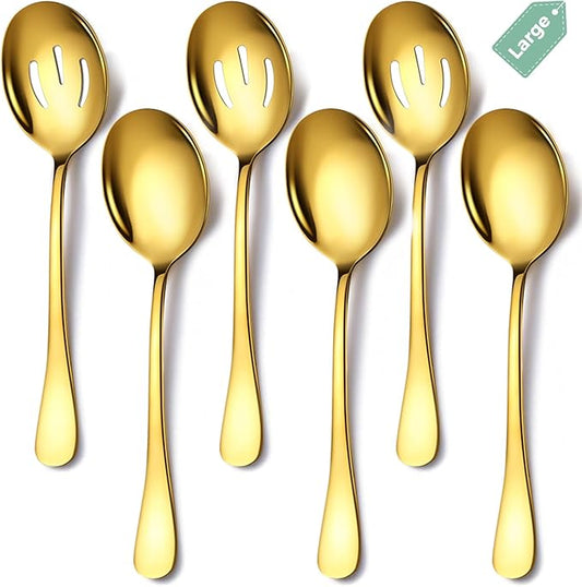 Stainless Steel Serving Spoons Set, 6pc, 10-Inch, Includes 3 Large, 3 Slotted, for Parties/Kitchen/Buffet/Catering, Dishwasher Safe, Gold
