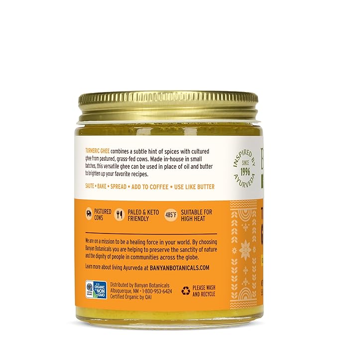 Banyan Botanicals Turmeric Ghee ??Cultured Grass-Fed Organic Ghee (Clarified Butter) with Turmeric & Ginger ??Oil & Butter Alternative for Cooking & Baking ??5.65 oz ??Non-GMO Gluten Free Vegetarian
